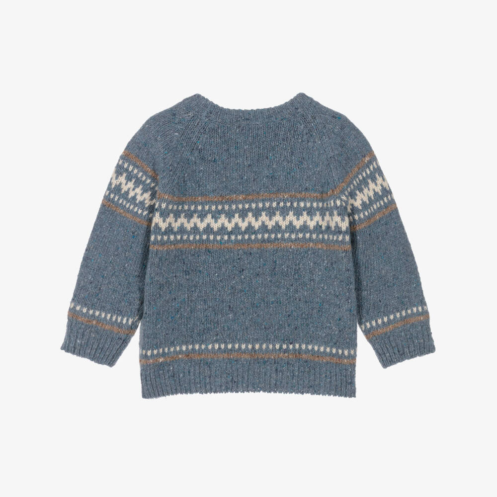 Laranjinha-Boys Blue Wool Knit Fair Isle Sweater | Childrensalon