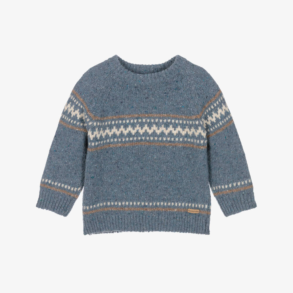 Laranjinha-Boys Blue Wool Knit Fair Isle Sweater  | Childrensalon