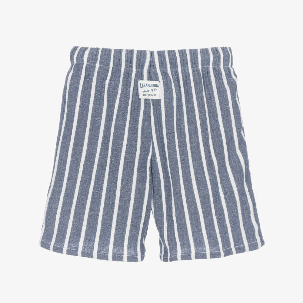 Laranjinha-Boys Dark Blue Cotton Shorts with White Stripes | Childrensalon