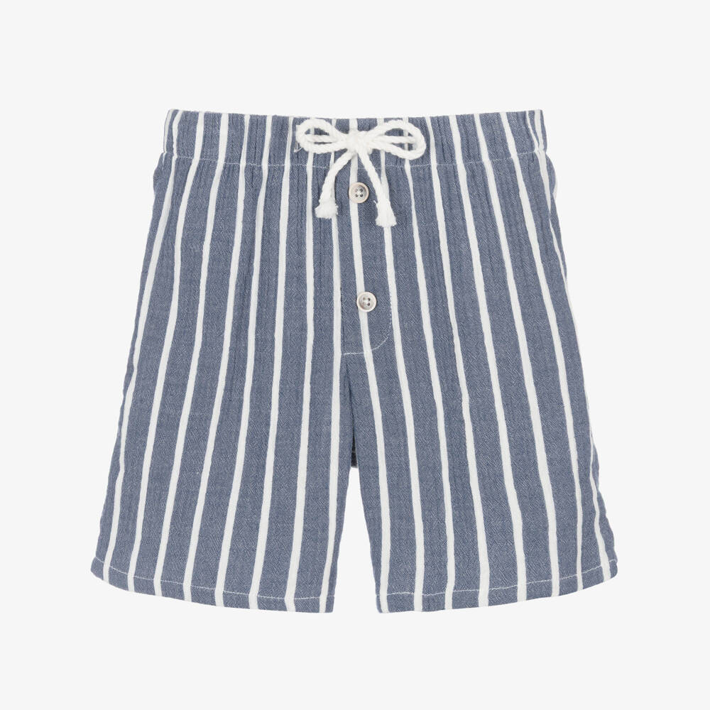 Laranjinha-Boys Dark Blue Cotton Shorts with White Stripes | Childrensalon