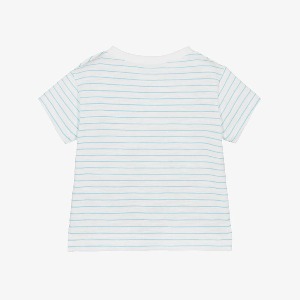 Laranjinha-Boys Ivory Cotton T-Shirt with Blue Stripes | Childrensalon