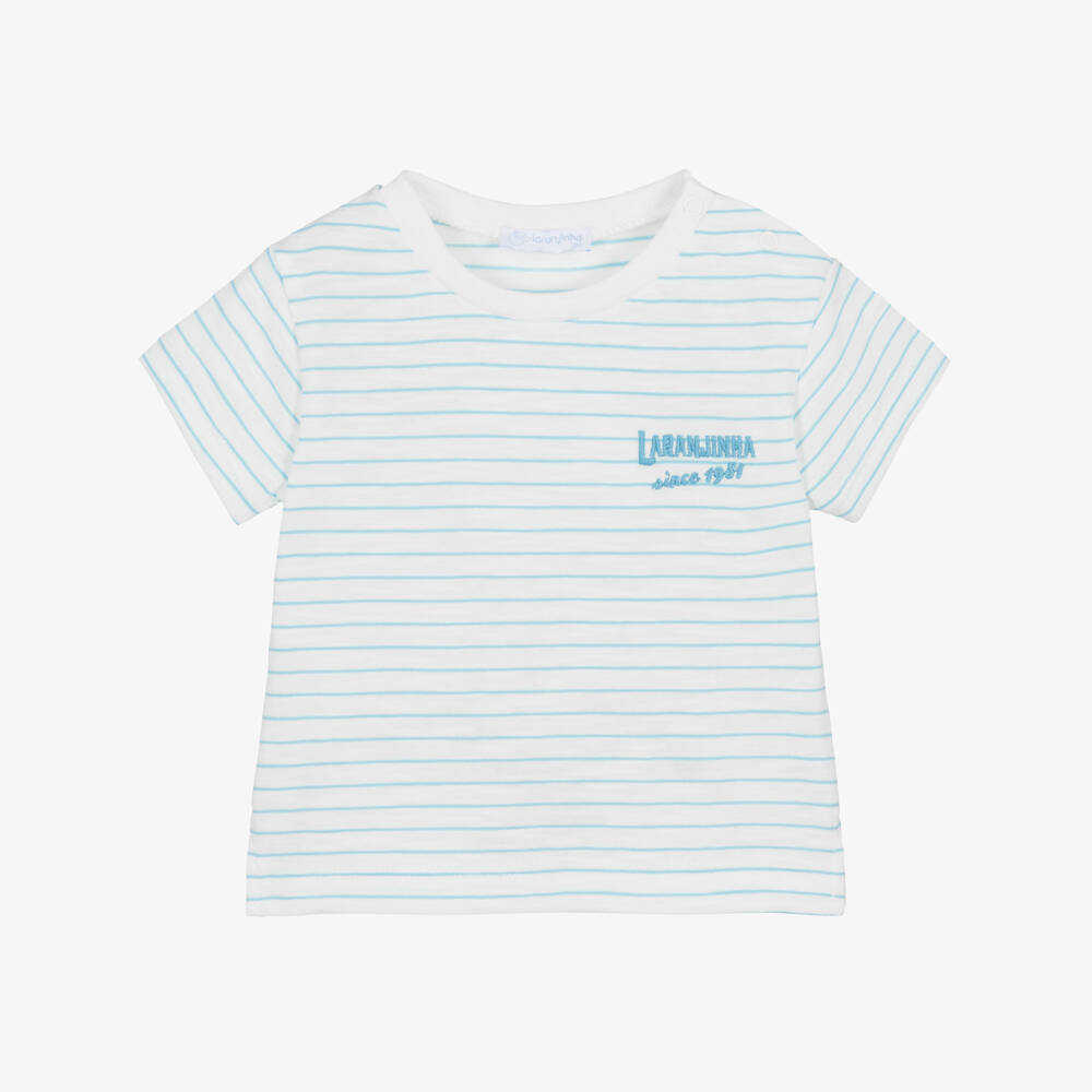 Laranjinha-Boys Ivory Cotton T-Shirt with Blue Stripes | Childrensalon