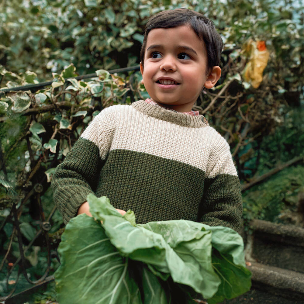 Laranjinha-Boys Ivory & Green Colourblock Wool Knit Jumper | Childrensalon