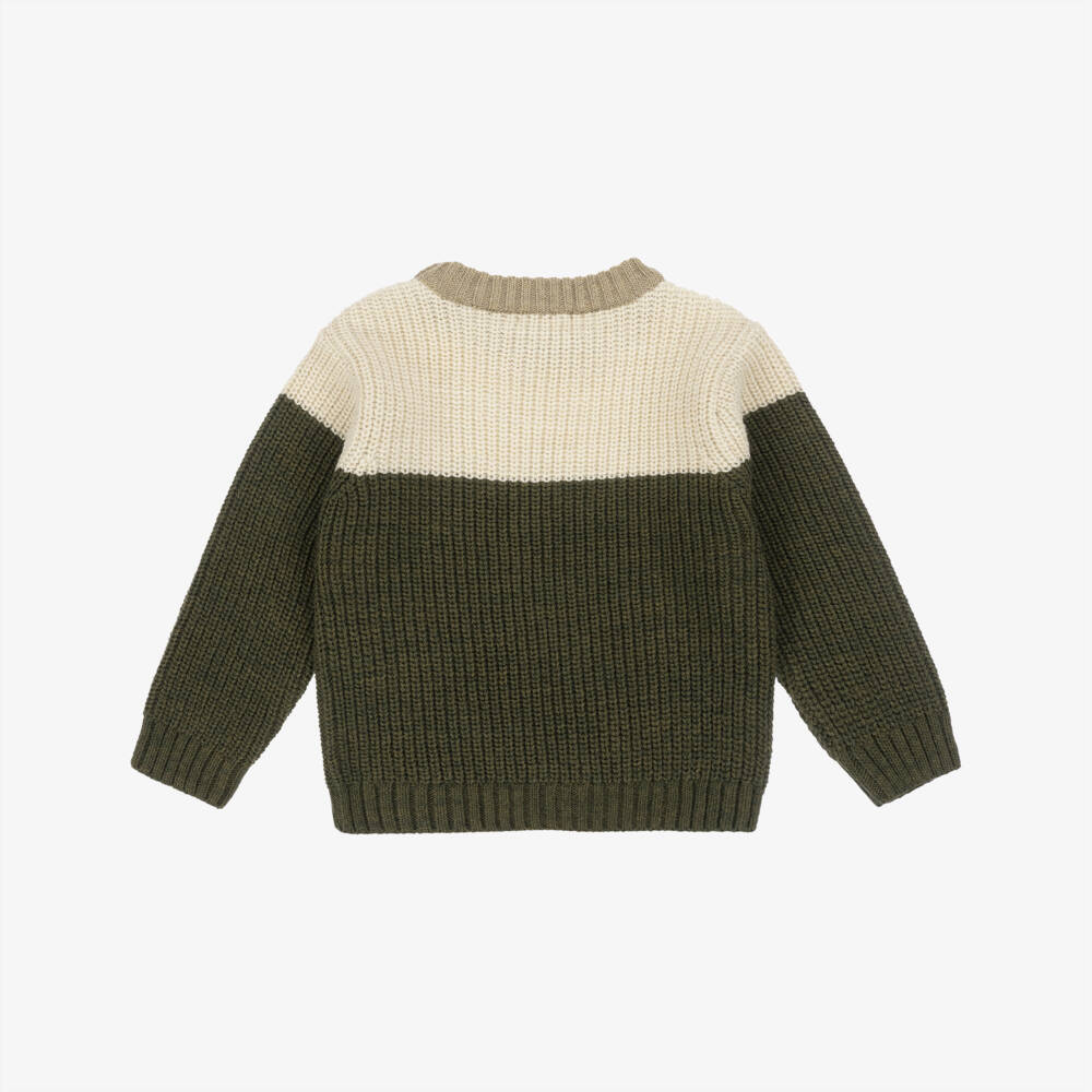 Laranjinha-Boys Ivory & Green Colourblock Wool Knit Jumper | Childrensalon