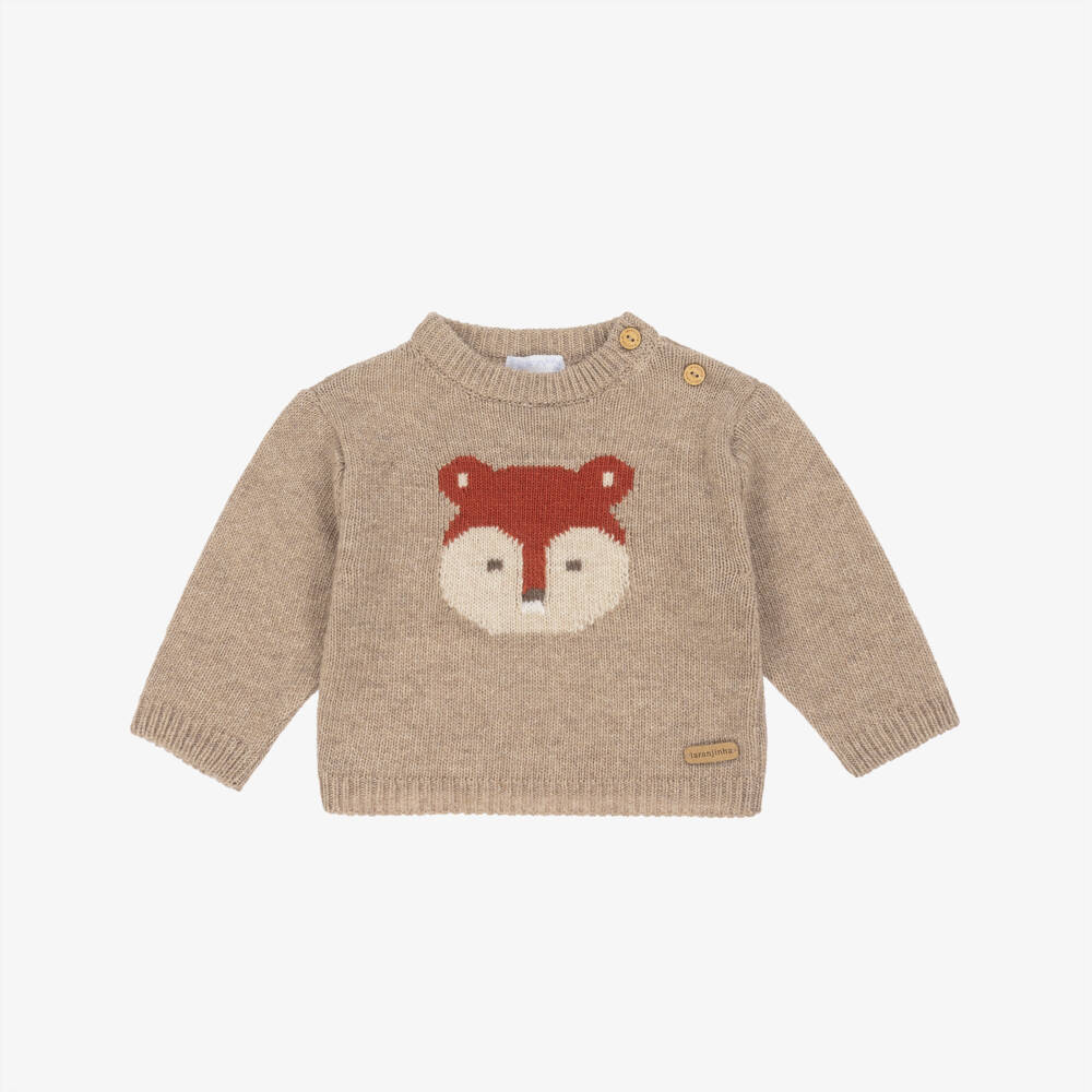 Laranjinha-Boys Knitted Beige Wool Jumper with Fox Motif | Childrensalon