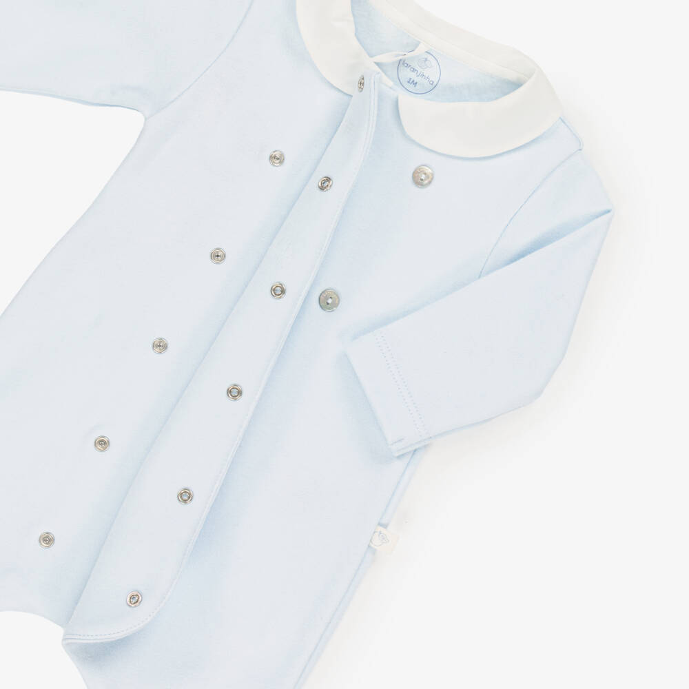 Laranjinha-Boys Light Blue Cotton Babygrow with White Collar | Childrensalon