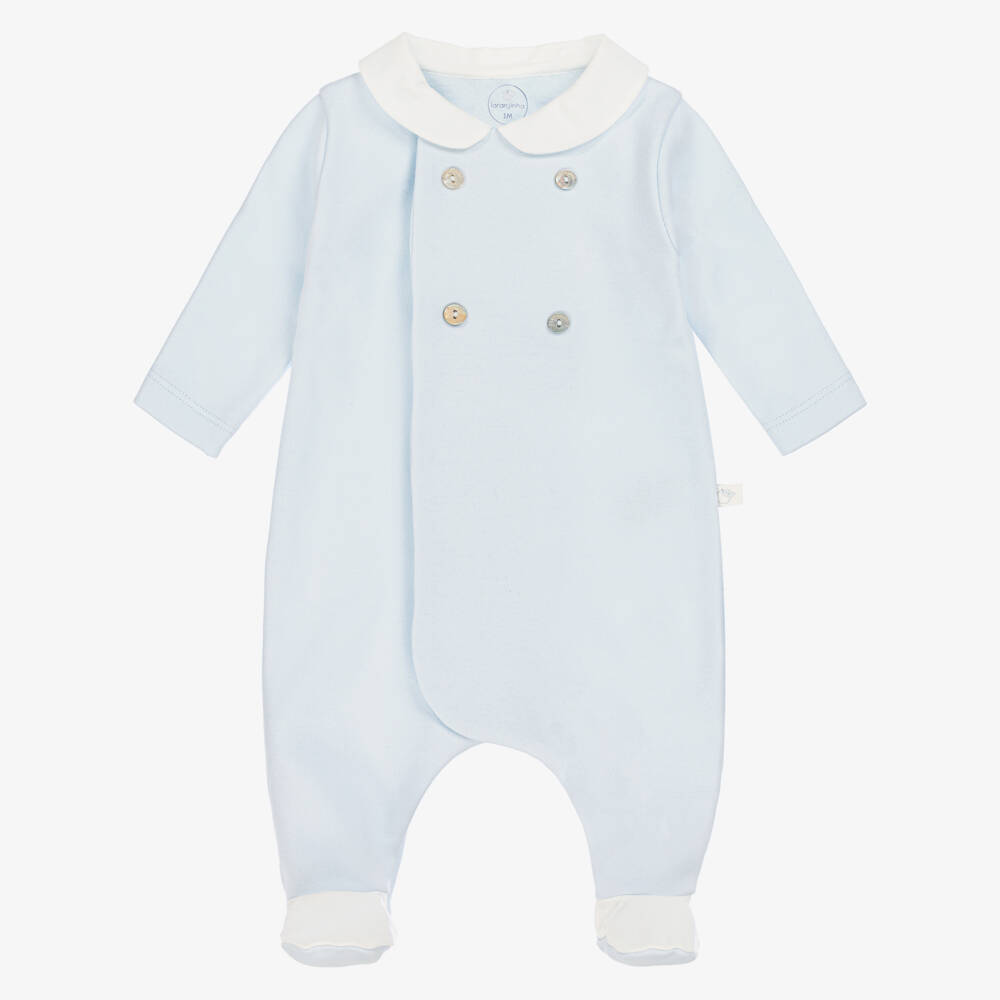 Laranjinha-Boys Light Blue Cotton Babygrow with White Collar | Childrensalon