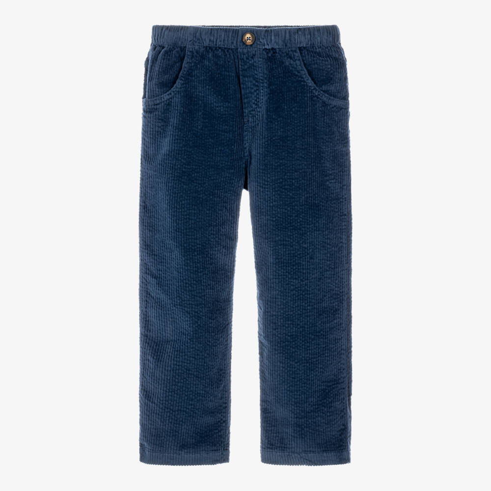 Laranjinha-Boys Navy Blue Corduroy Drawstring Trousers  | Childrensalon