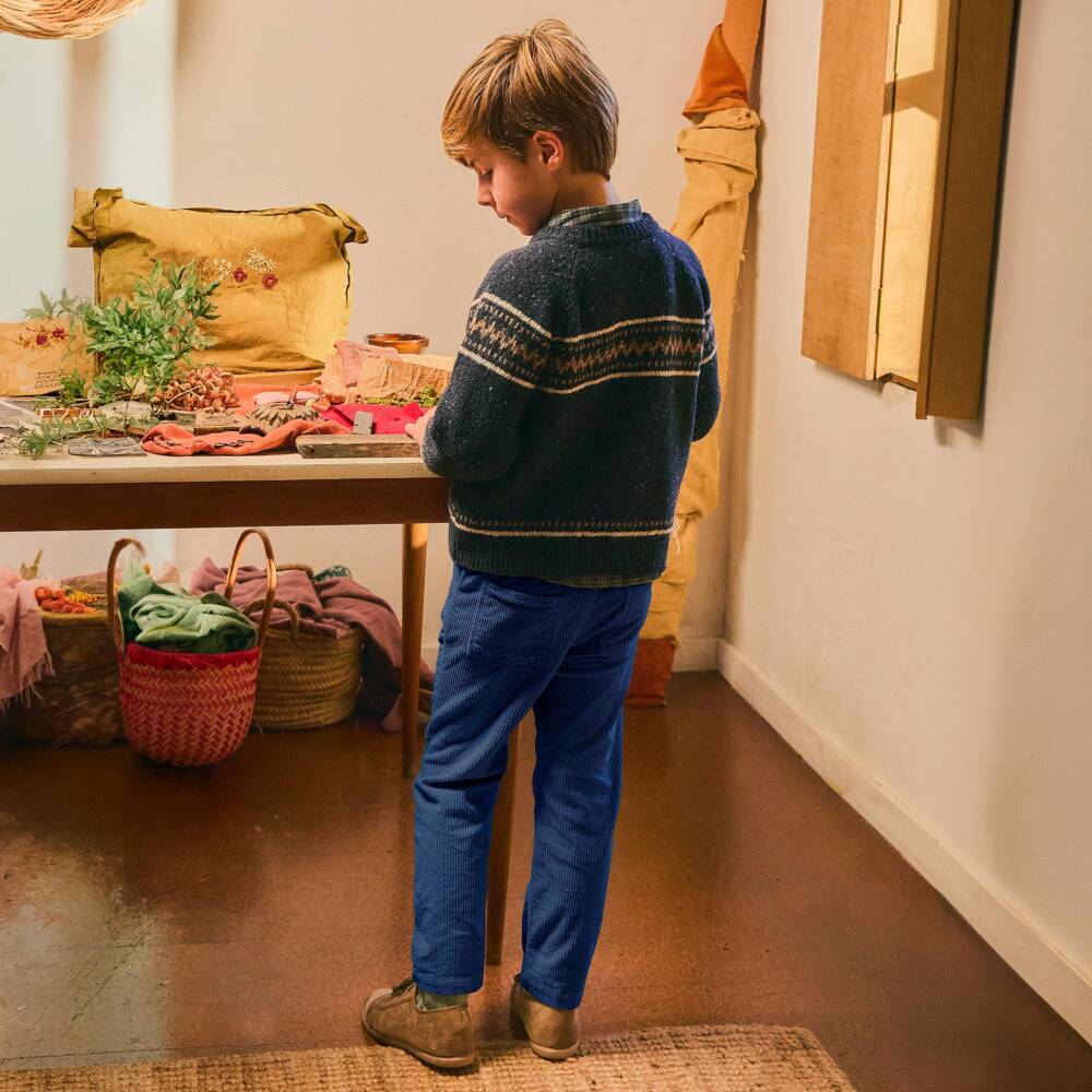 Laranjinha-Boys Navy Blue Corduroy Drawstring Trousers | Childrensalon