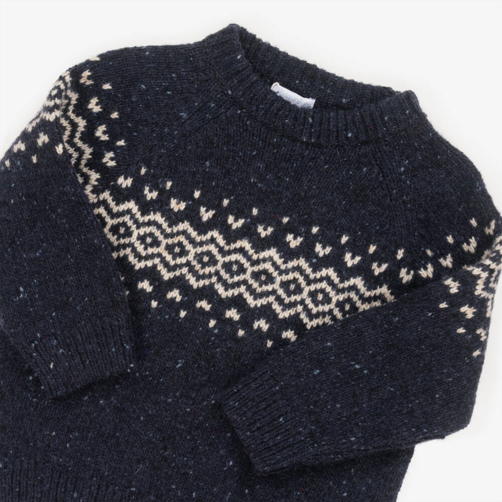 Laranjinha-Boys Navy Blue Wool Knit Fair Isle Jumper | Childrensalon