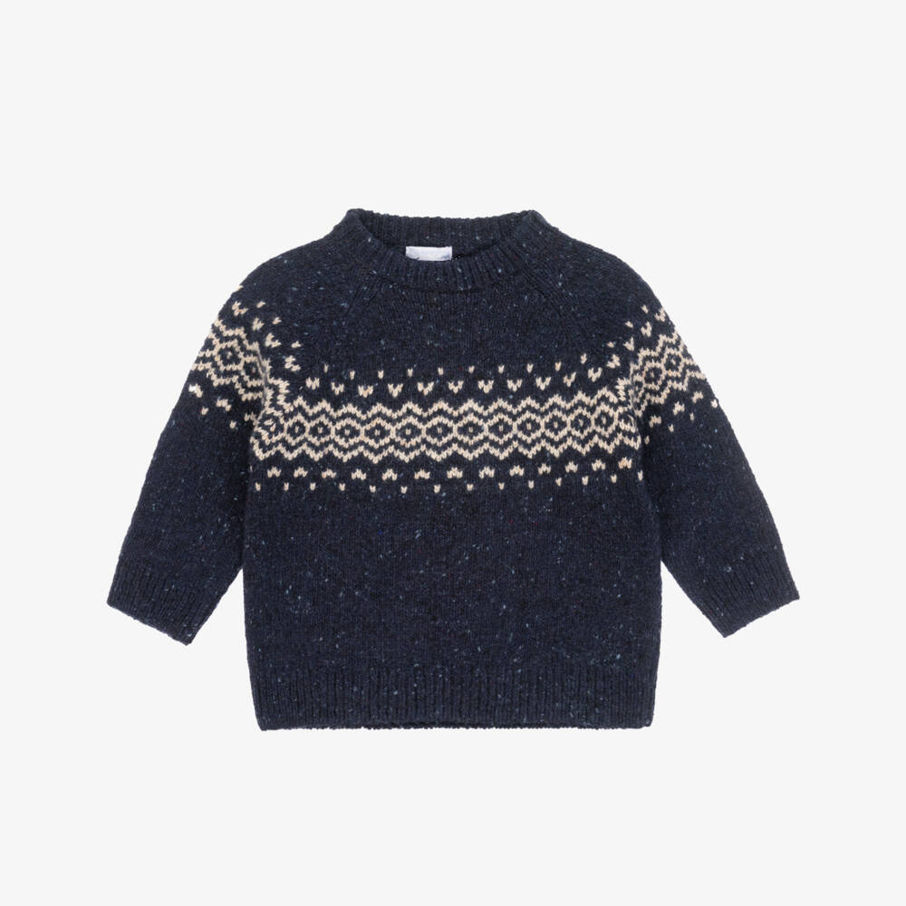 Laranjinha-Boys Navy Blue Wool Knit Fair Isle Jumper | Childrensalon