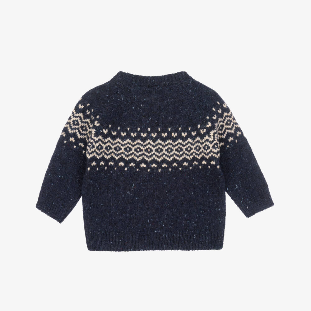 Laranjinha-Boys Navy Blue Wool Knit Fair Isle Jumper | Childrensalon