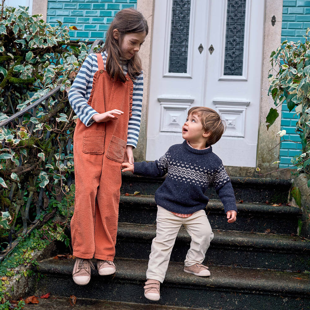 Laranjinha-Boys Navy Blue Wool Knit Fair Isle Jumper | Childrensalon