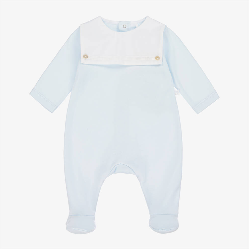 Laranjinha-Boys Pale Blue Cotton Babygrow with Bib Collar | Childrensalon
