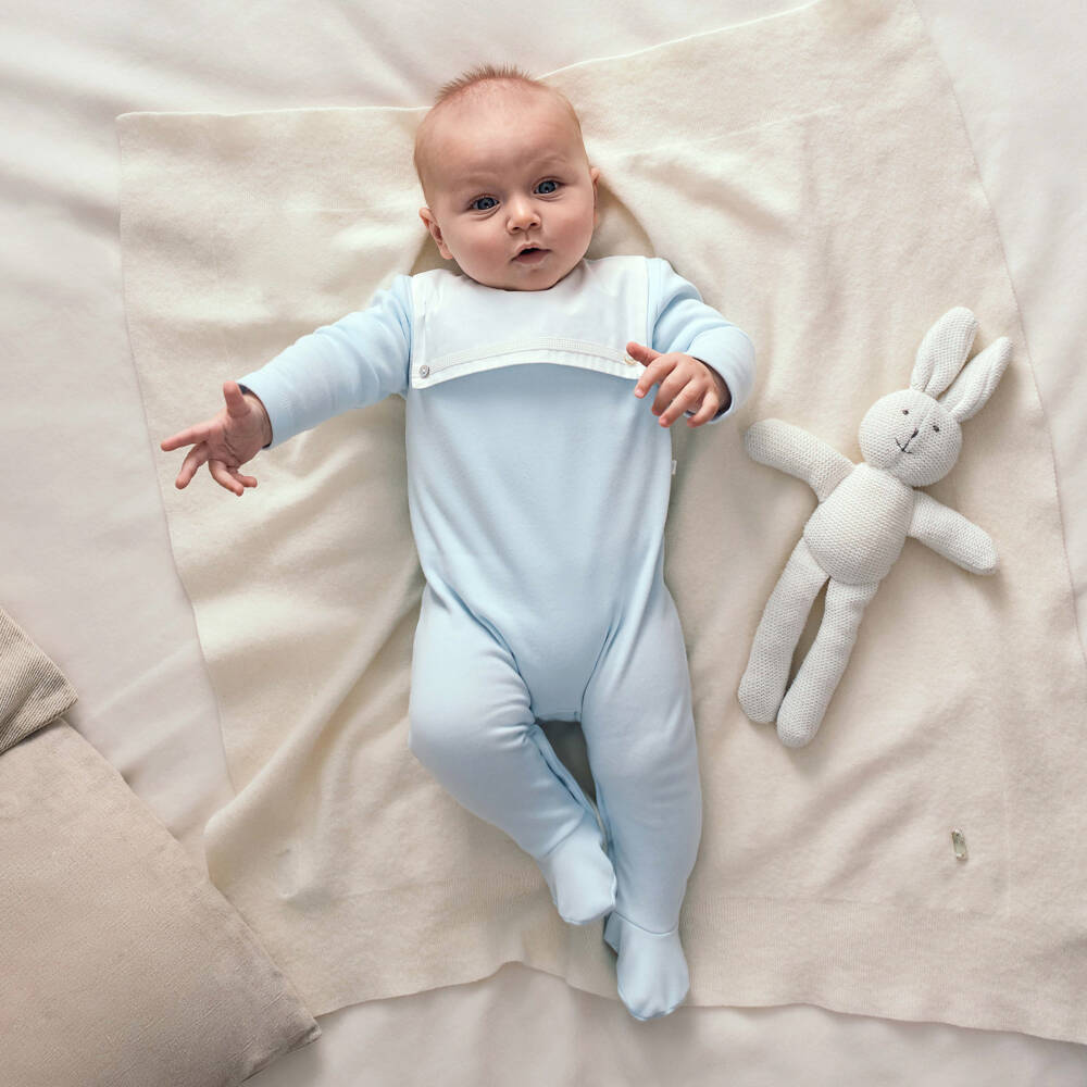 Laranjinha-Boys Pale Blue Cotton Babygrow with Bib Collar | Childrensalon