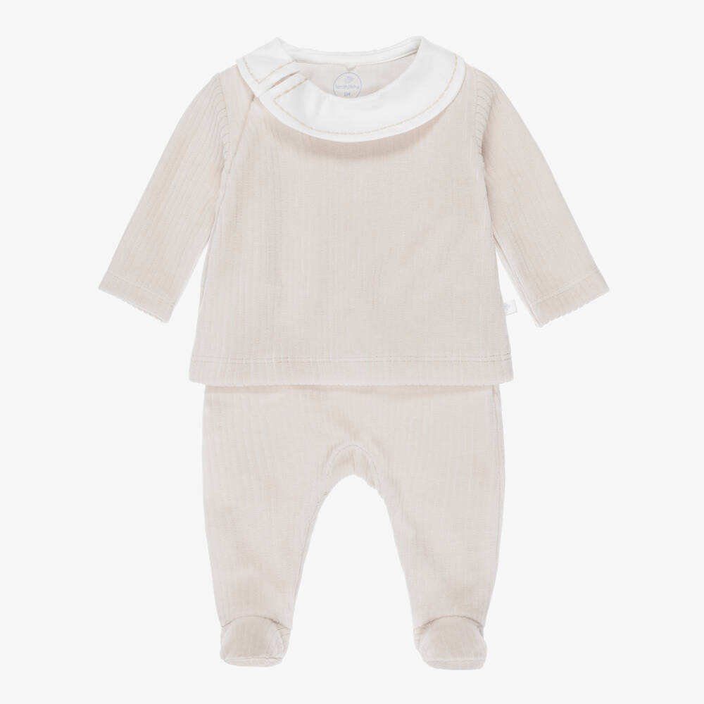 Laranjinha-Boys Taupe Beige 2 Piece Babygrow in Ribbed Velour | Childrensalon