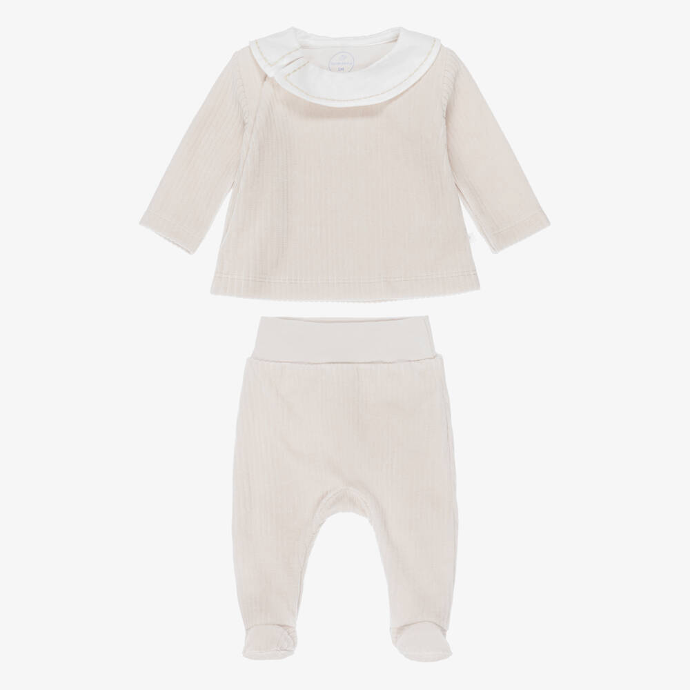 Laranjinha-Boys Taupe Beige 2 Piece Babygrow in Ribbed Velour | Childrensalon