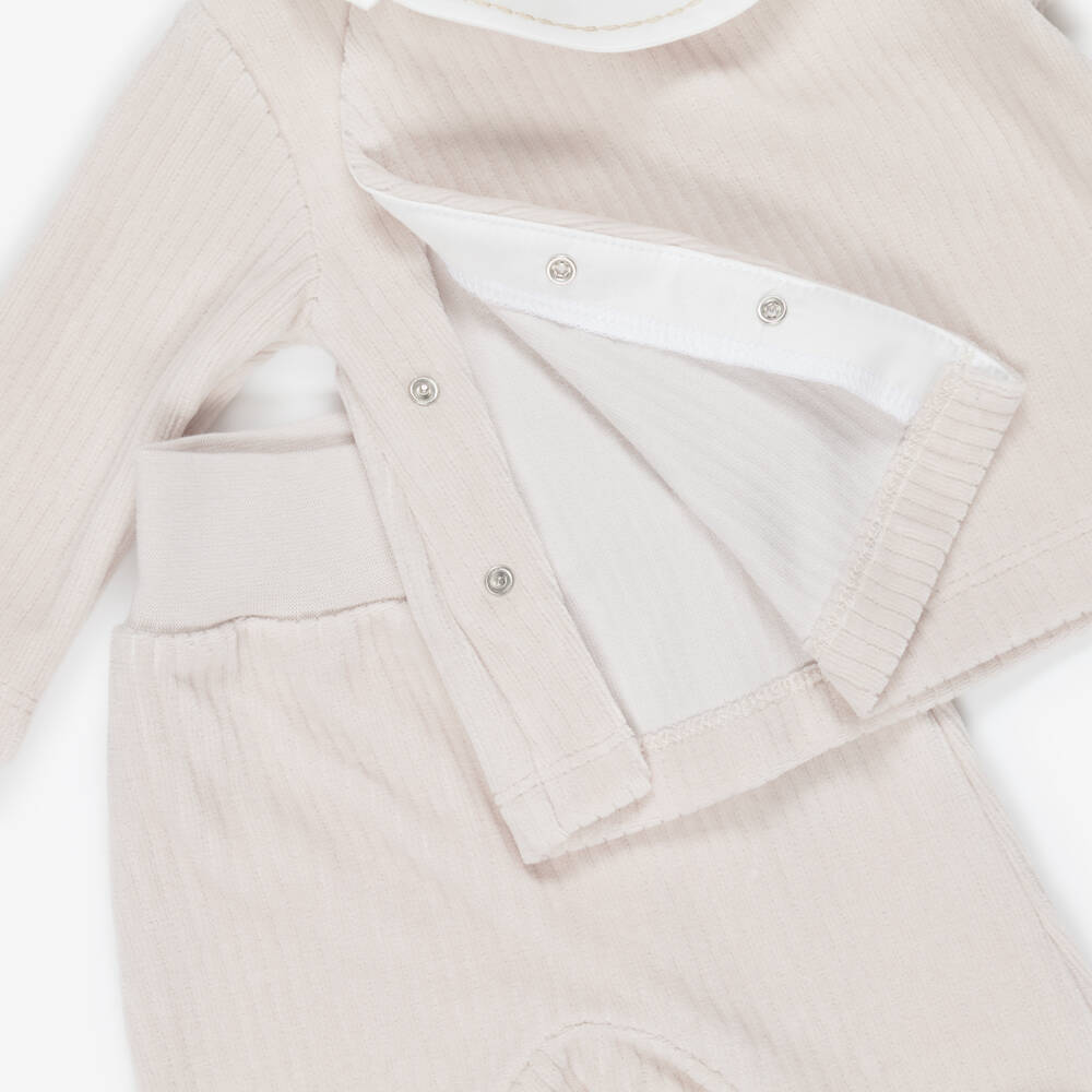 Laranjinha-Boys Taupe Beige 2 Piece Babygrow in Ribbed Velour | Childrensalon