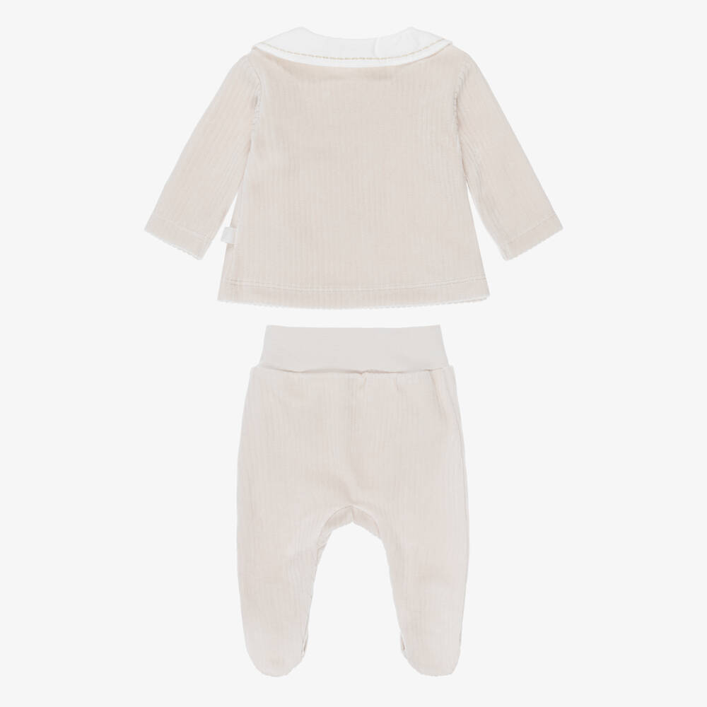 Laranjinha-Boys Taupe Beige 2 Piece Babygrow in Ribbed Velour | Childrensalon