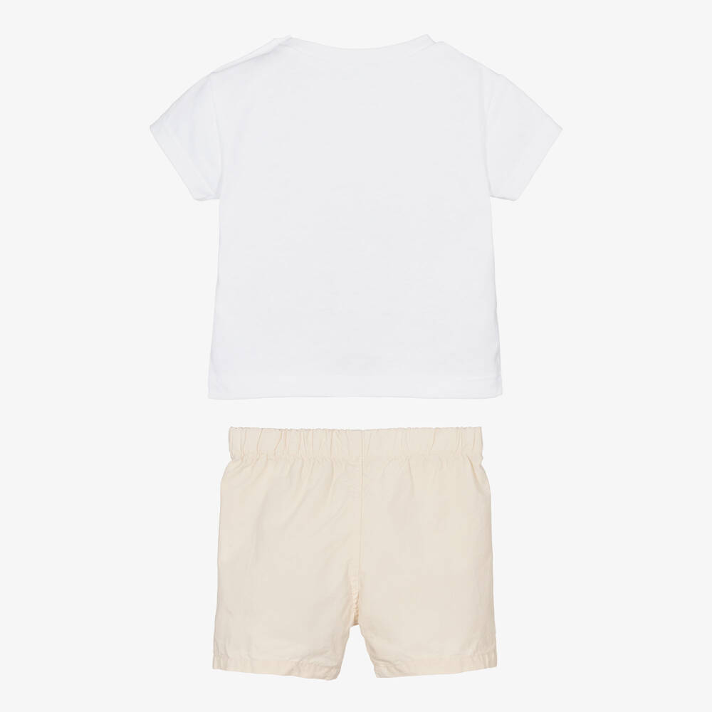 Laranjinha-Boys White & Beige Cotton Shorts Set with Animal Bus Print | Childrensalon