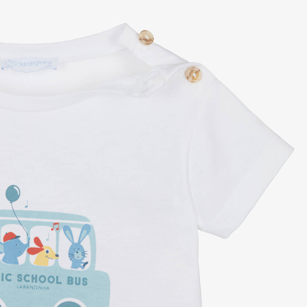 Laranjinha-Boys White & Beige Cotton Shorts Set with Animal Bus Print | Childrensalon