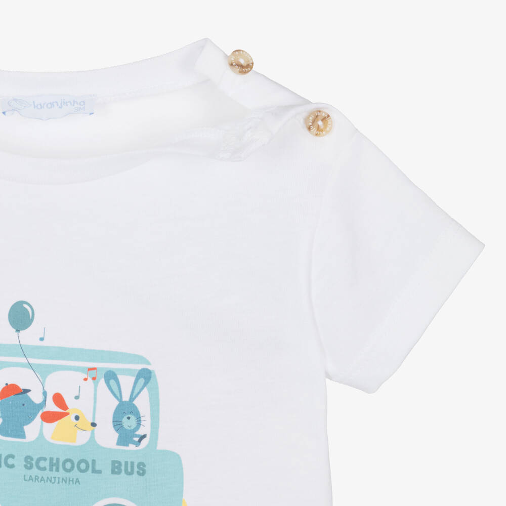 Laranjinha-Boys White & Beige Cotton Shorts Set with Animal Bus Print | Childrensalon