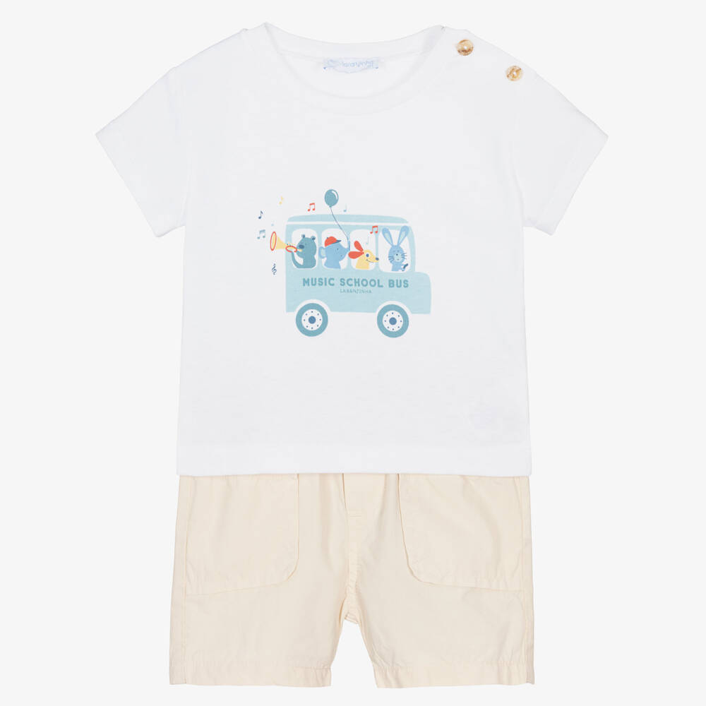 Laranjinha-Boys White & Beige Cotton Shorts Set with Animal Bus Print | Childrensalon