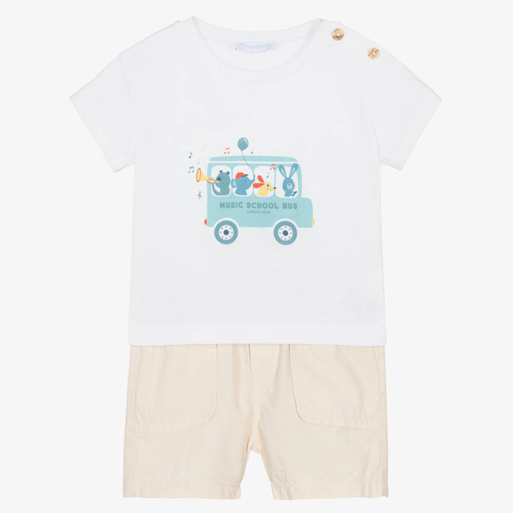 Laranjinha-Boys White & Beige Cotton Shorts Set with Animal Bus Print | Childrensalon