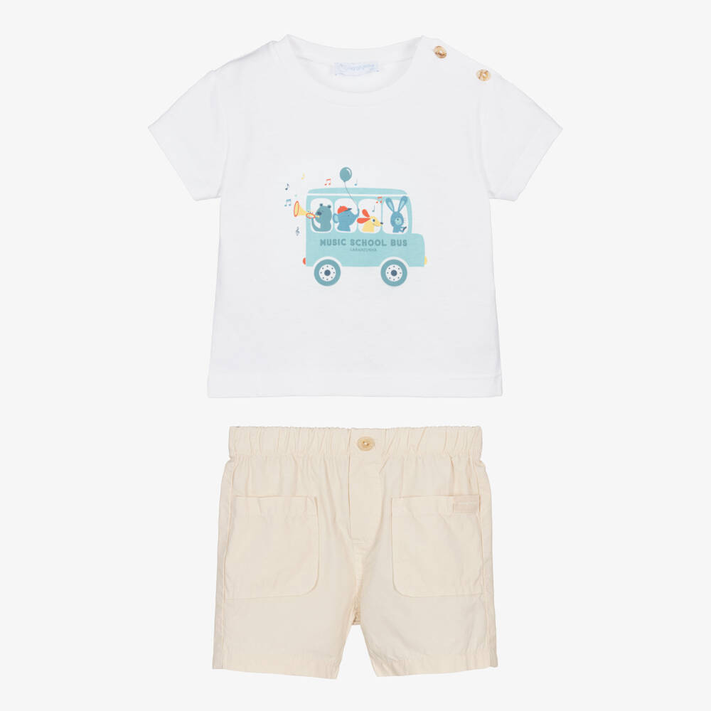 Laranjinha-Boys White & Beige Cotton Shorts Set with Animal Bus Print | Childrensalon