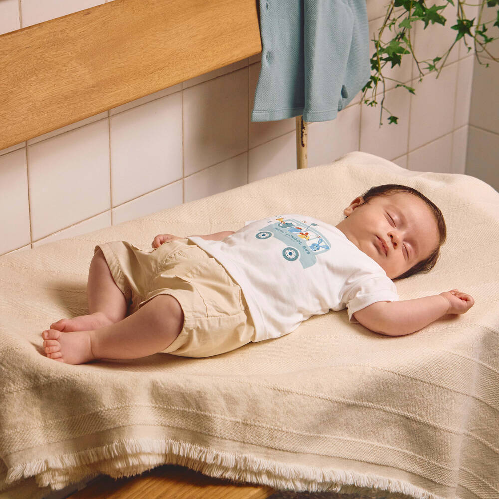 Laranjinha-Boys White & Beige Cotton Shorts Set with Animal Bus Print | Childrensalon