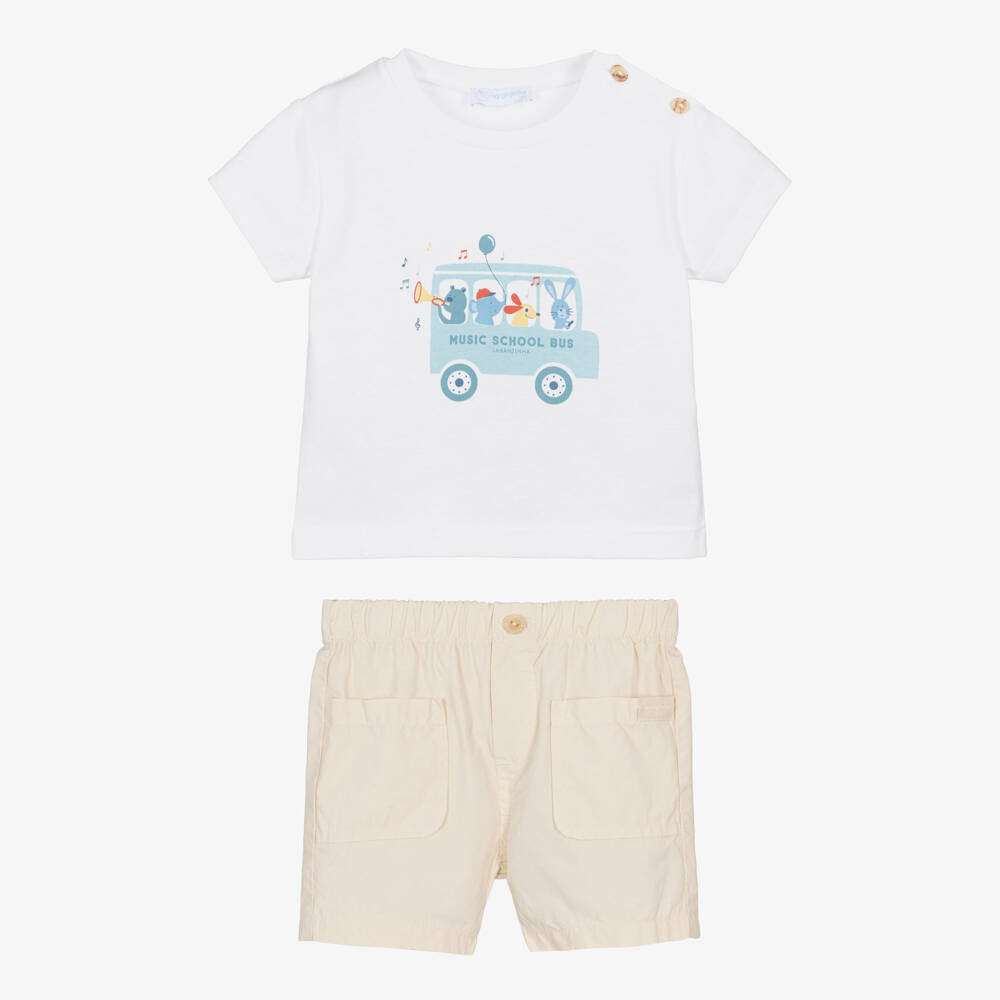 Laranjinha-Boys White & Beige Cotton Shorts Set with Animal Bus Print | Childrensalon