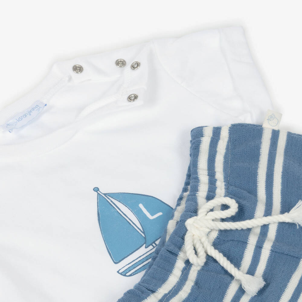 Laranjinha-طقم شورت قطن لون أبيض وأزرق للأولاد | Childrensalon