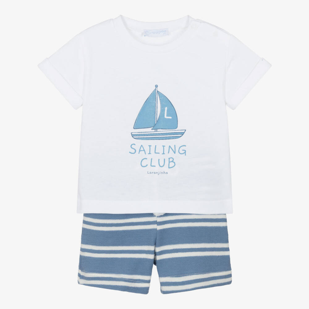Laranjinha-طقم شورت قطن لون أبيض وأزرق للأولاد | Childrensalon