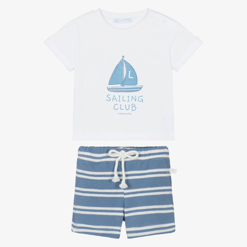 Laranjinha-طقم شورت قطن لون أبيض وأزرق للأولاد | Childrensalon