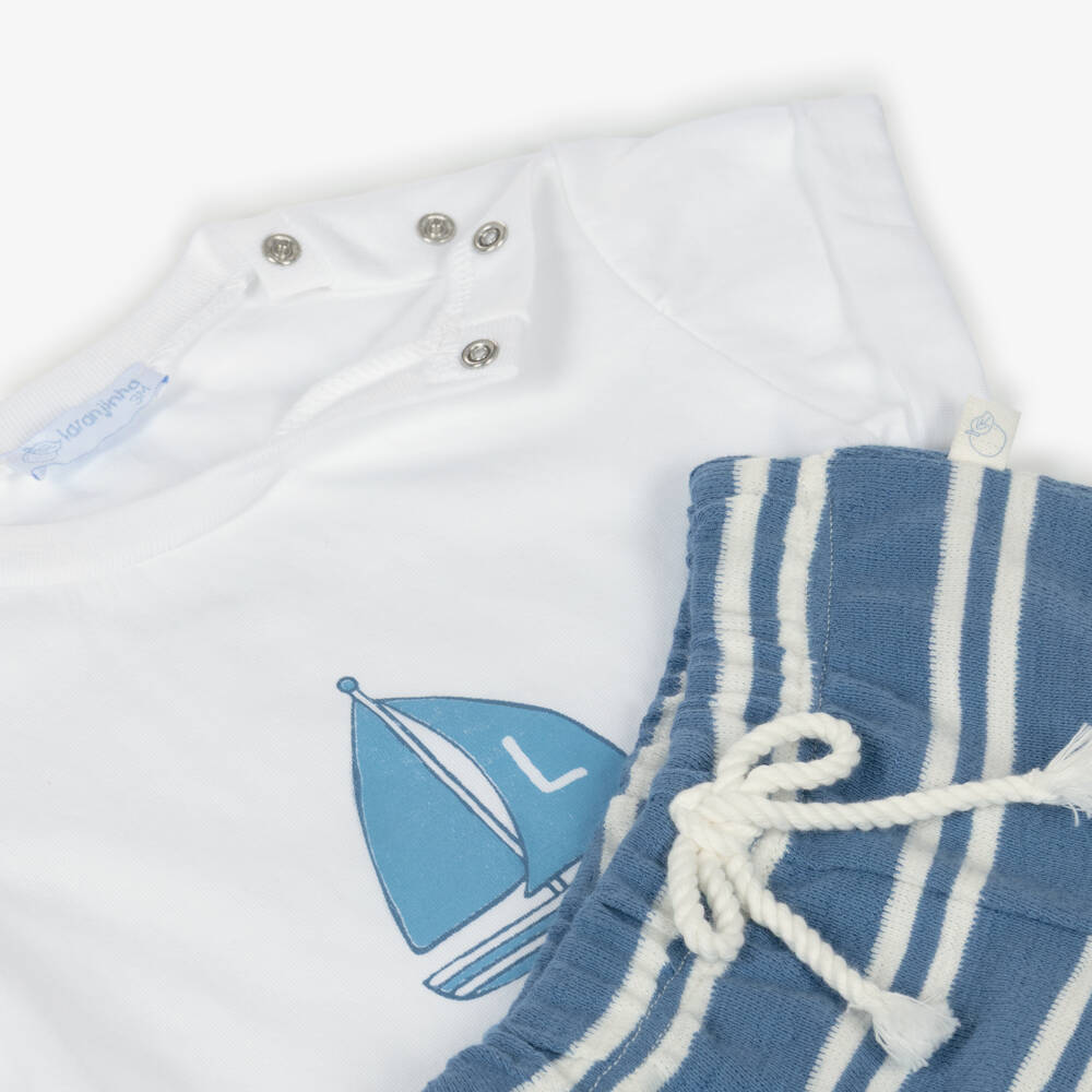 Laranjinha-Boys White & Blue Cotton Sailing Club Shorts Set | Childrensalon