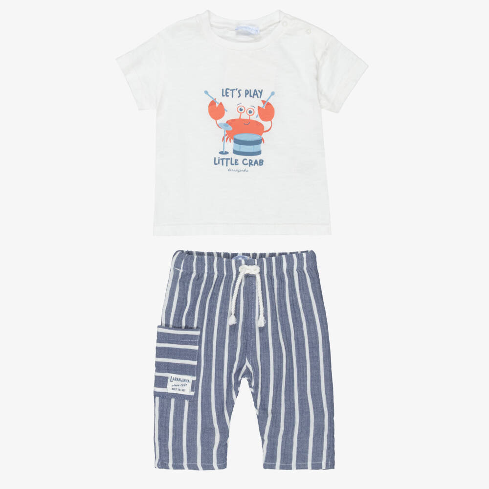Laranjinha-Boys White & Blue Cotton Trouser Set | Childrensalon