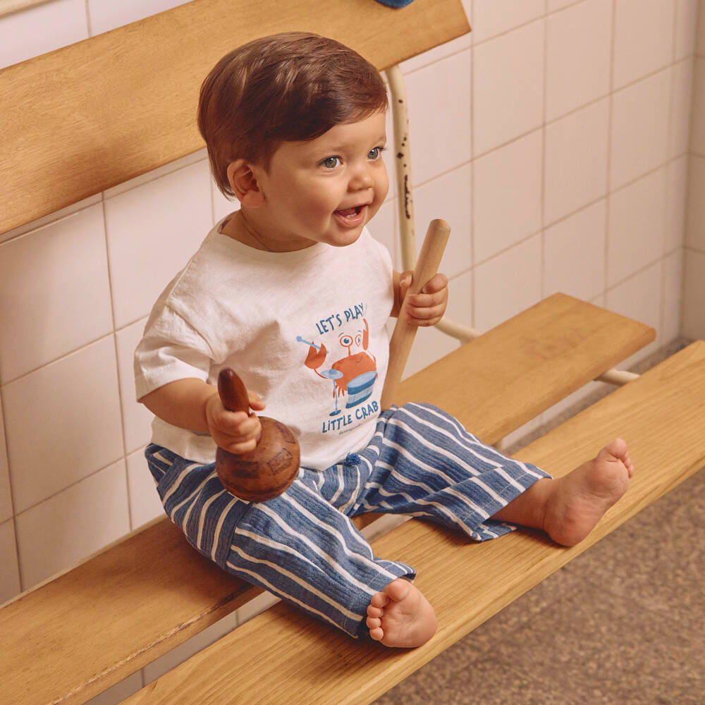 Laranjinha-Boys White & Blue Cotton Trouser Set | Childrensalon