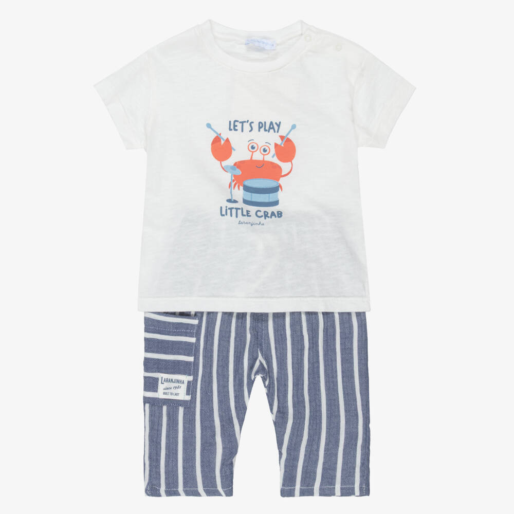 Laranjinha-Boys White & Blue Cotton Trouser Set | Childrensalon