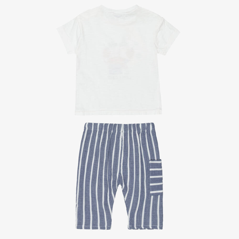 Laranjinha-Boys White & Blue Cotton Trouser Set | Childrensalon
