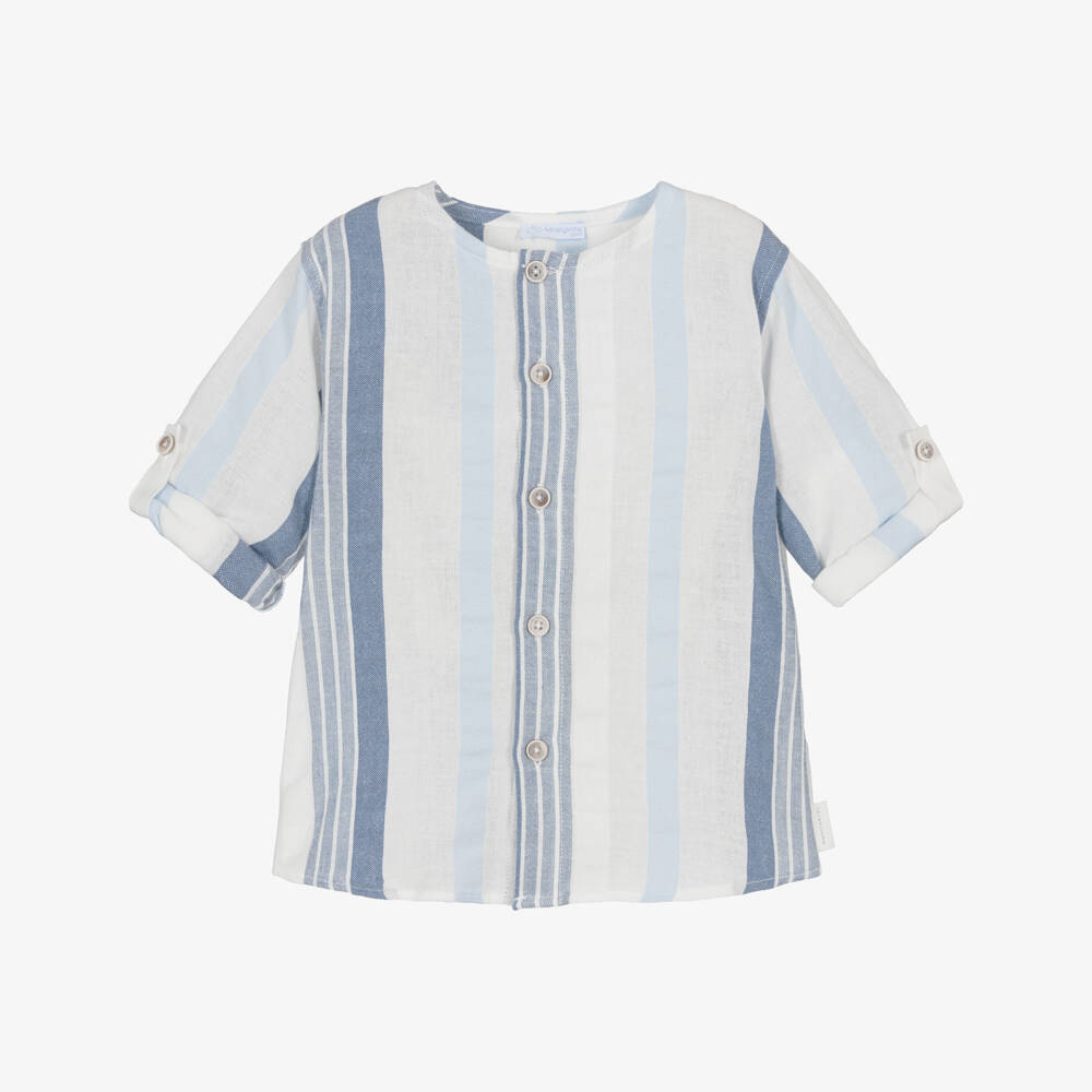 Laranjinha-Boys White & Blue Stripe Collarless Shirt | Childrensalon