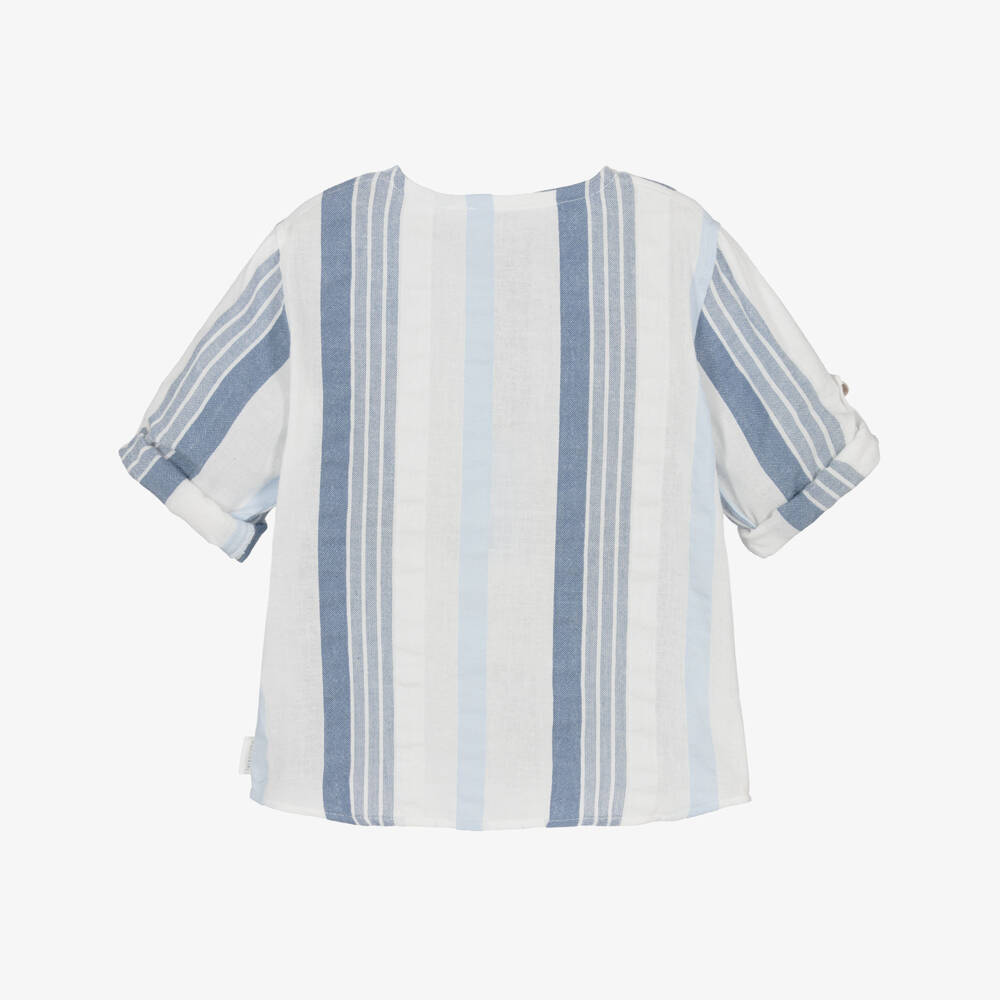Laranjinha-Boys White & Blue Stripe Collarless Shirt | Childrensalon