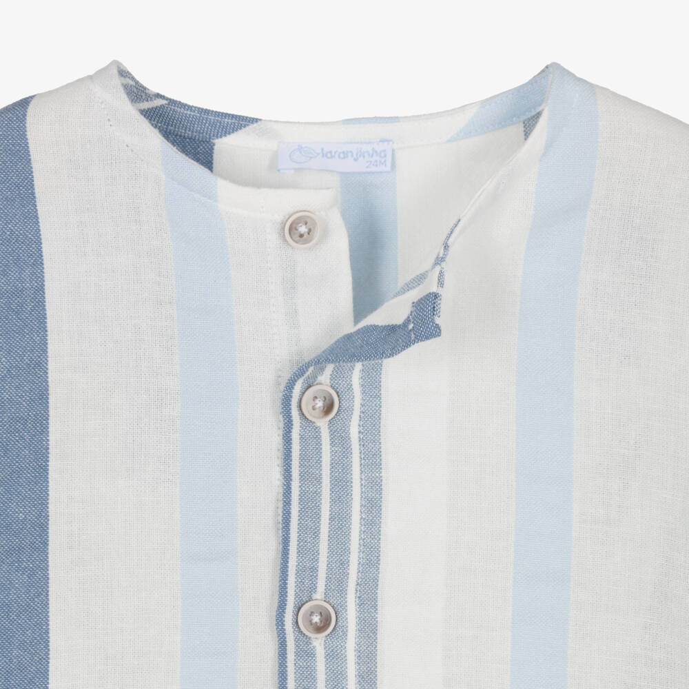 Laranjinha-Boys White & Blue Stripe Collarless Shirt | Childrensalon
