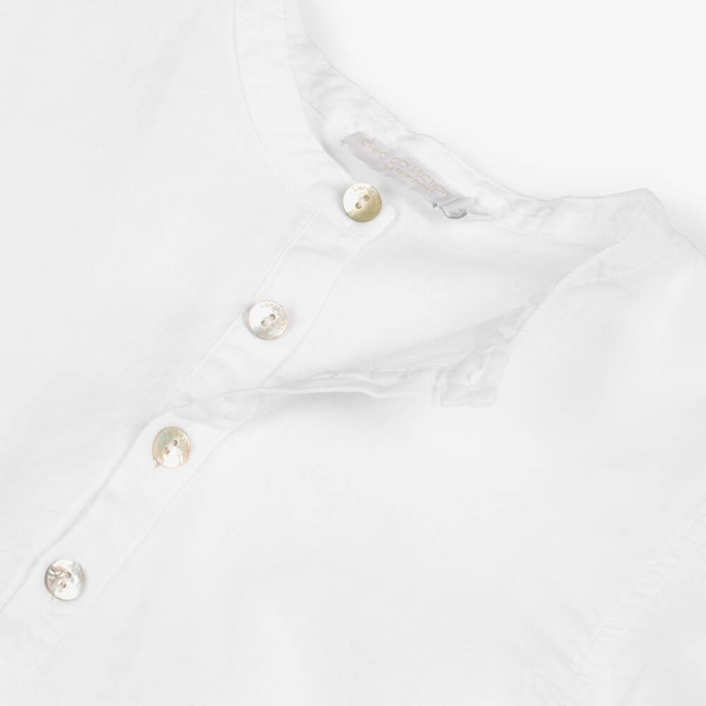 Laranjinha-Boys White Collarless Linen Blend Shirt | Childrensalon