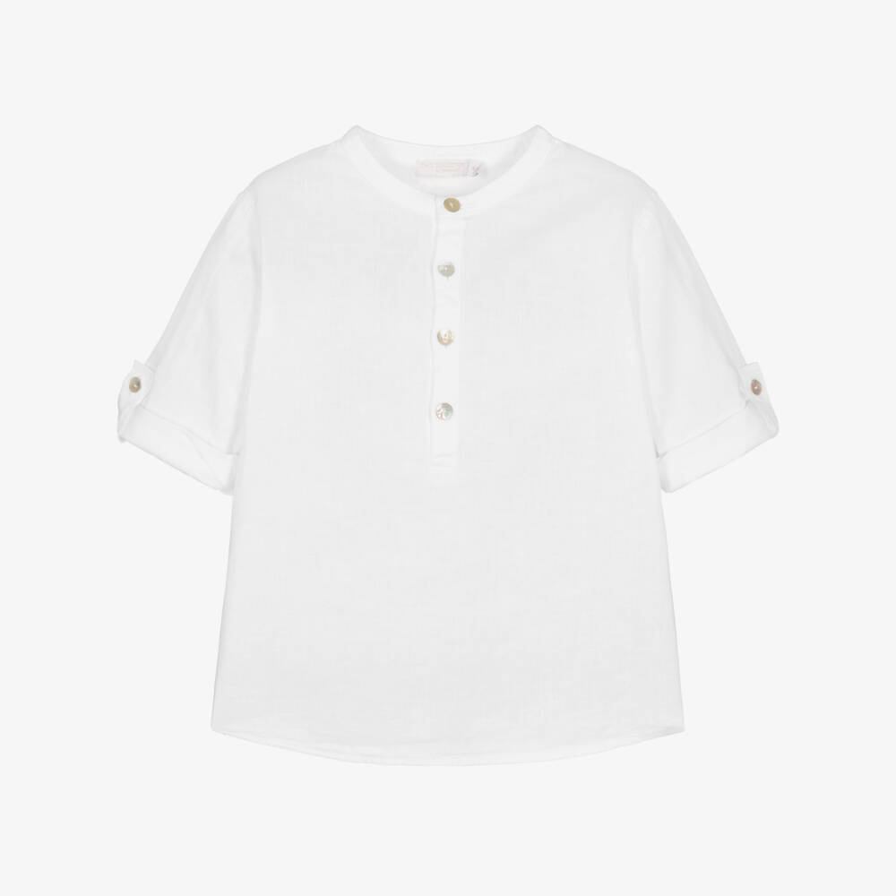 Laranjinha-Boys White Collarless Linen Blend Shirt  | Childrensalon