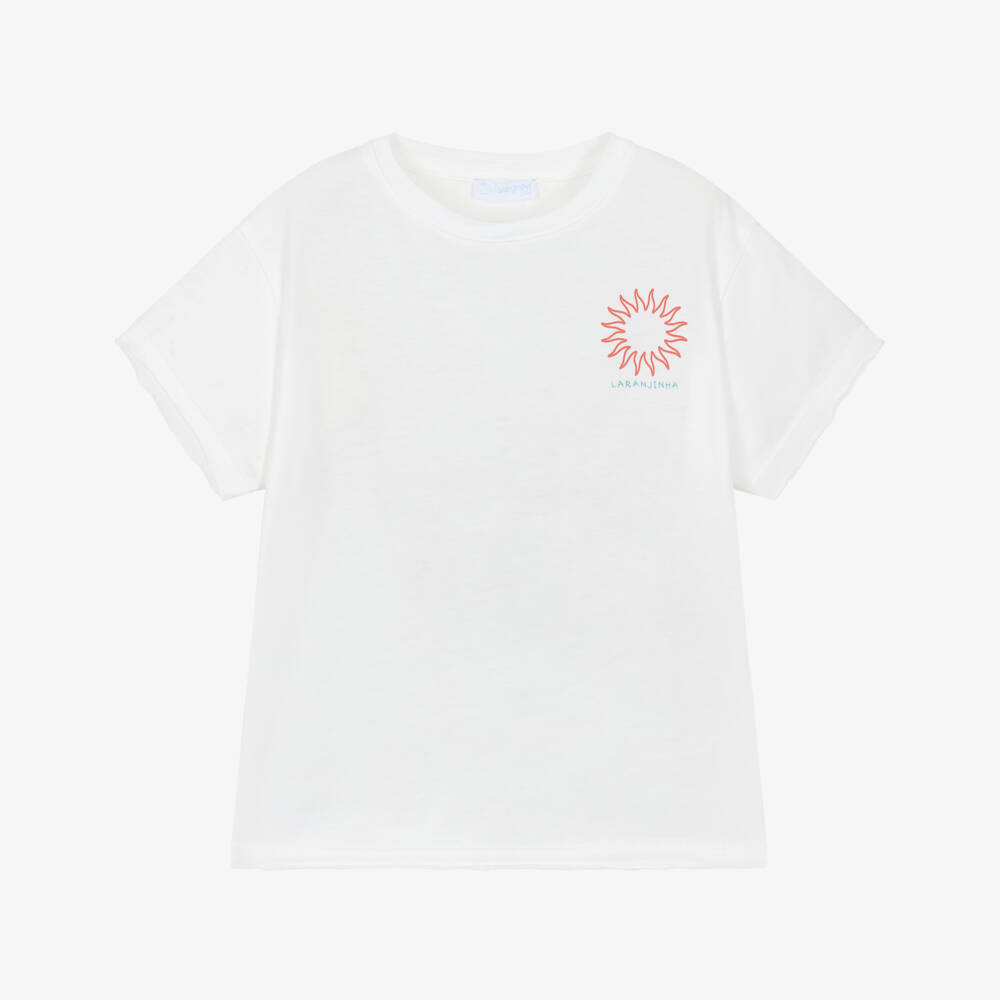 Laranjinha-Boys White Cotton Nautic Club T-Shirt | Childrensalon