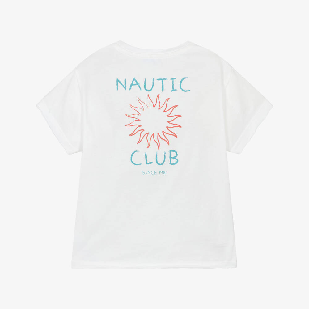 Laranjinha-Boys White Cotton Nautic Club T-Shirt | Childrensalon