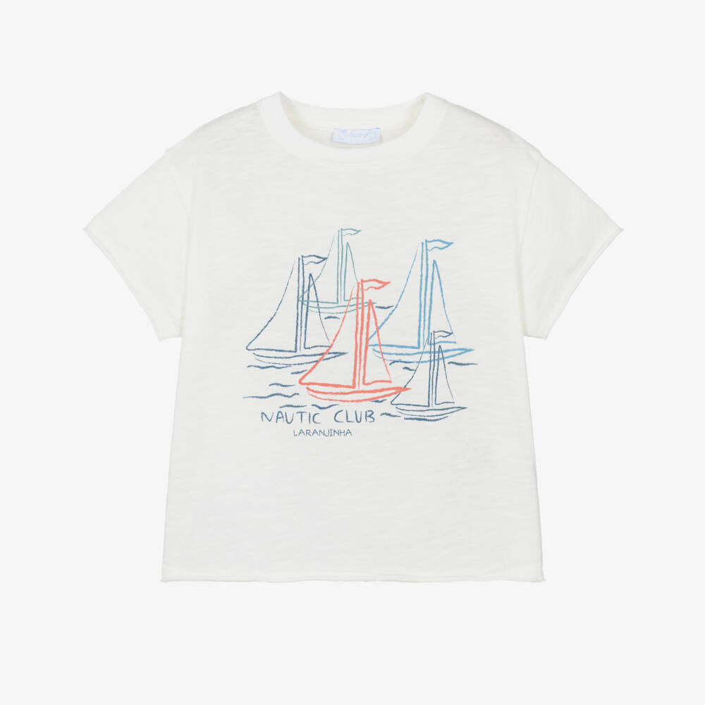 Laranjinha-Boys White Cotton Sailboat Graphic T-Shirt | Childrensalon