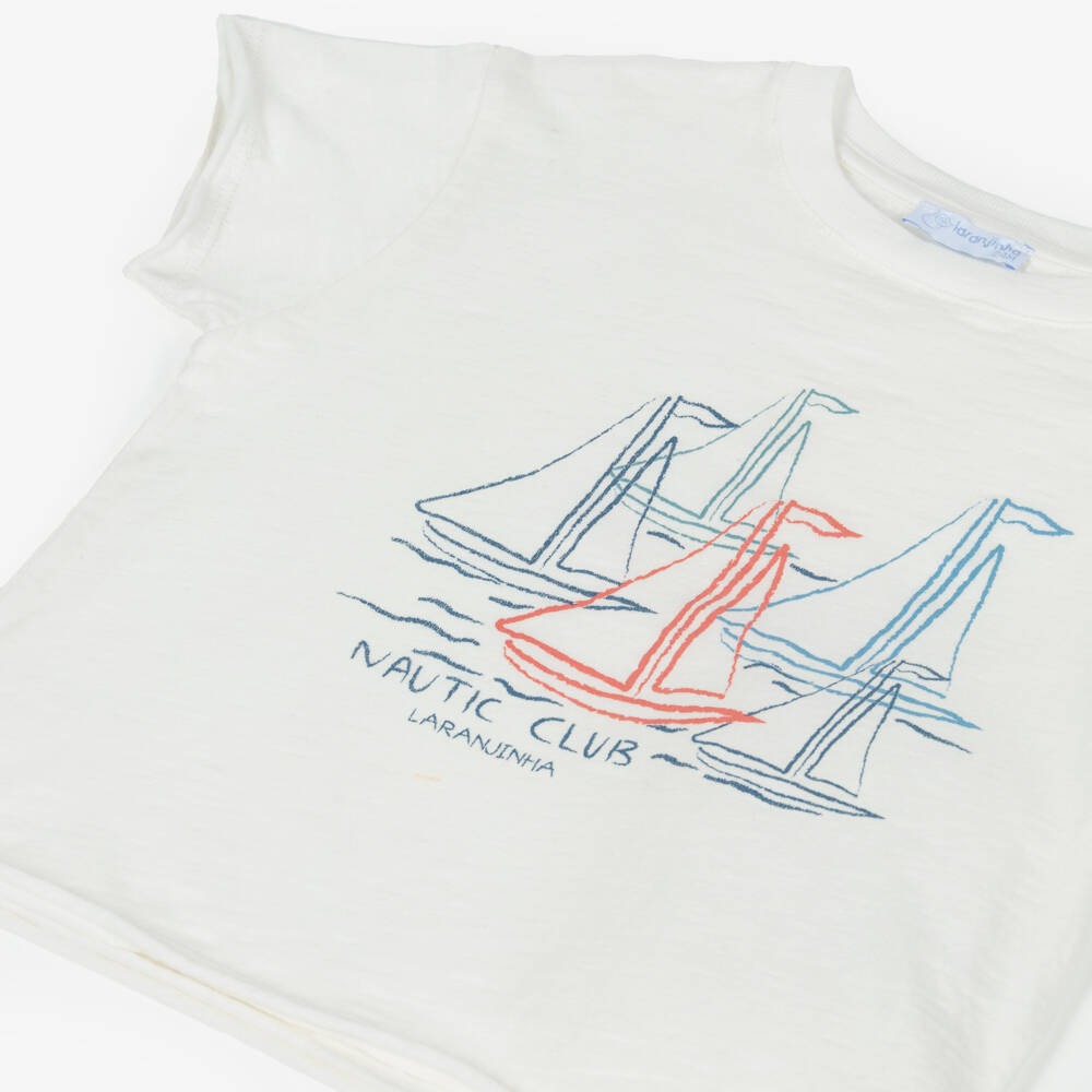 Laranjinha-Boys White Cotton Sailboat Graphic T-Shirt | Childrensalon