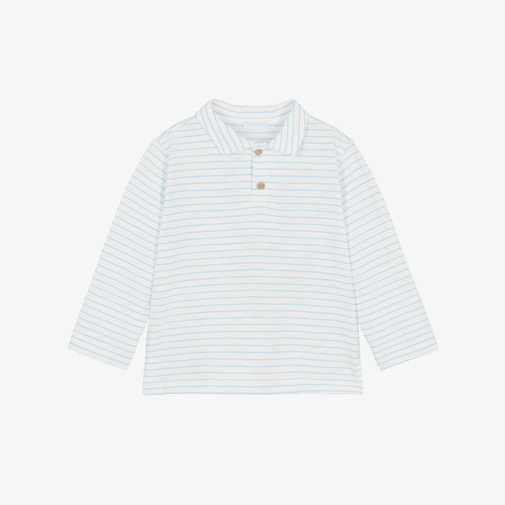 Laranjinha-Boys White Striped Cotton Long-Sleeved Polo Shirt | Childrensalon