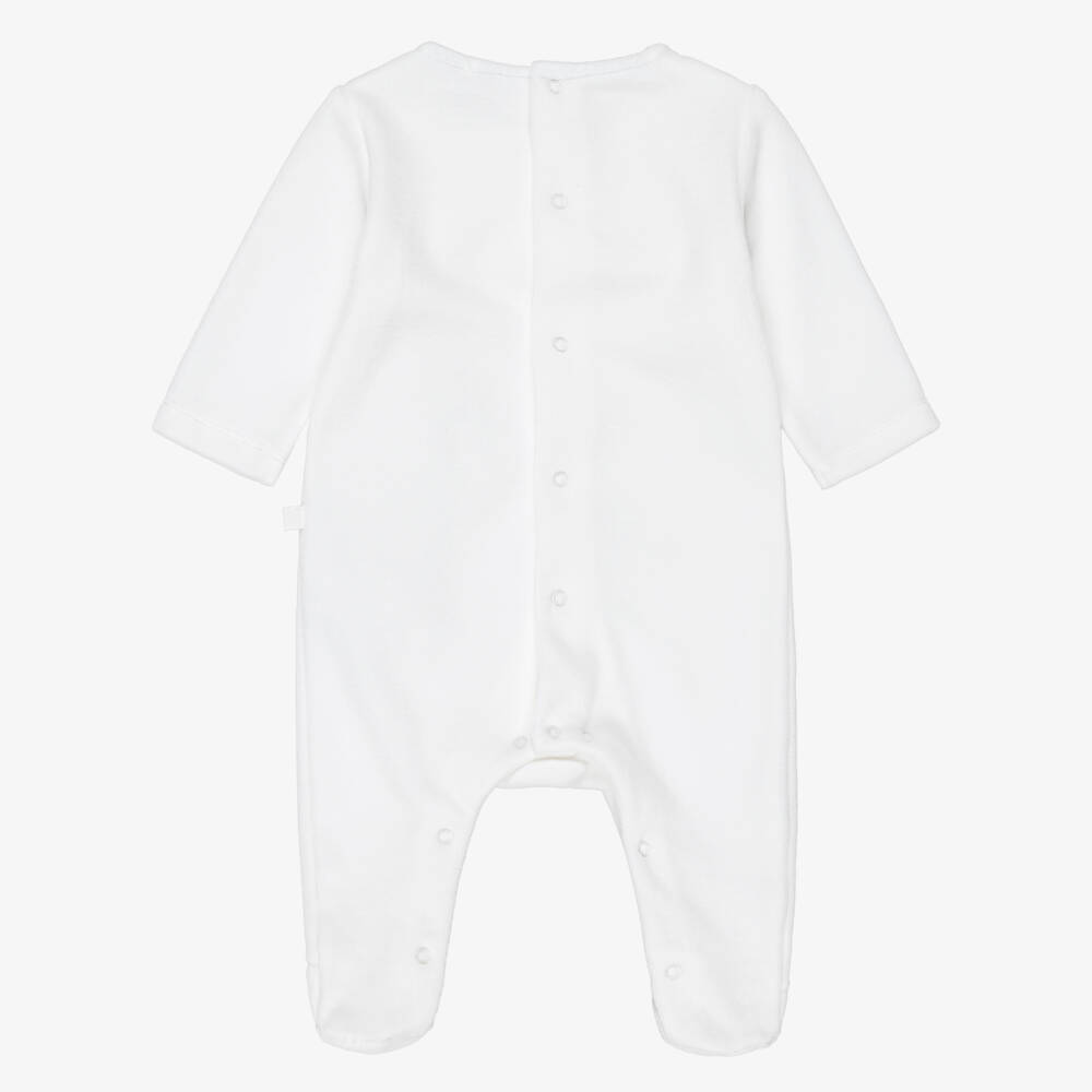Laranjinha-Boys White Velour Babygrow with Striped Bib | Childrensalon